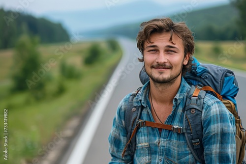 young man smiling on the road with backpack in greenery field