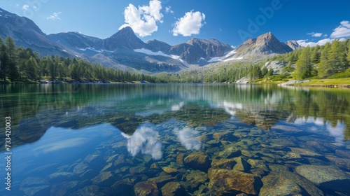 The serene beauty of a mountain lake, its crystal-clear waters reflecting the...