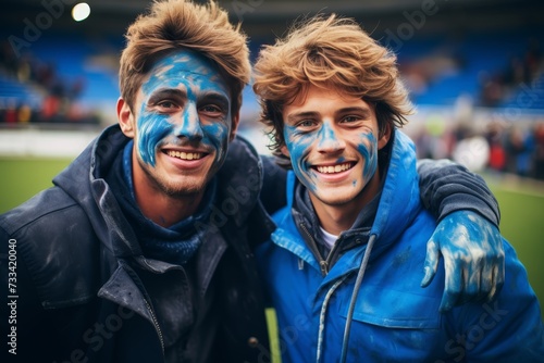 French father and son supporting national sports team in blue jerseys at rugby or football game