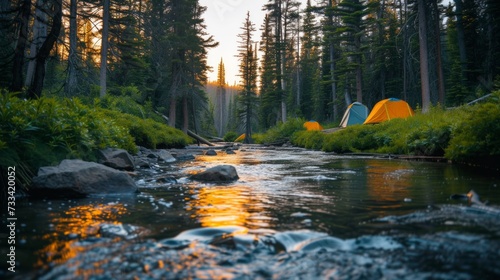 Remote campsite nestled in natur.: tents pitched beside a babbling brook