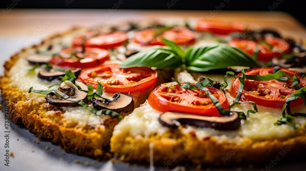 A closeup of a gluten free, cauliflower crust pizza A closeup of a gluten free, cauliflower crust pizza