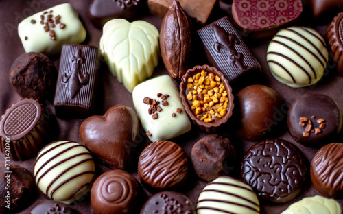 Background of gourmet fancy chocolates in different shapes and textures, and milk, dark and white chocolate
