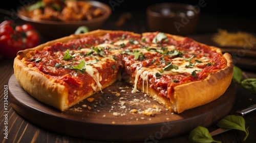 A closeup of a classic deep dish chicago style pizza