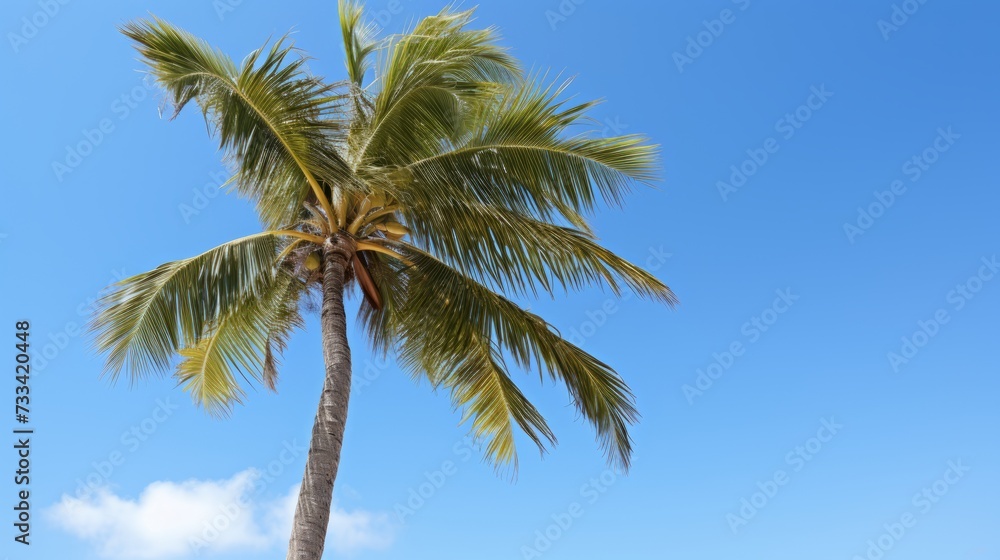 A coconut palm tree against a clear blue sky