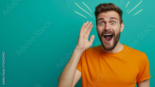 man in an orange shirt is shouting and gesturing with his hand near his mouth as if announcing something loudly against a turquoise background.