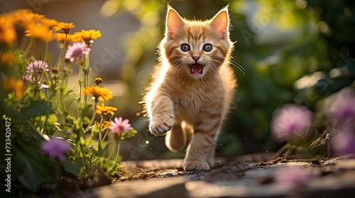 Joyful ginger kitten leaping in a sunlit garden, summer flowers and cobblestone path, cheerful summer day