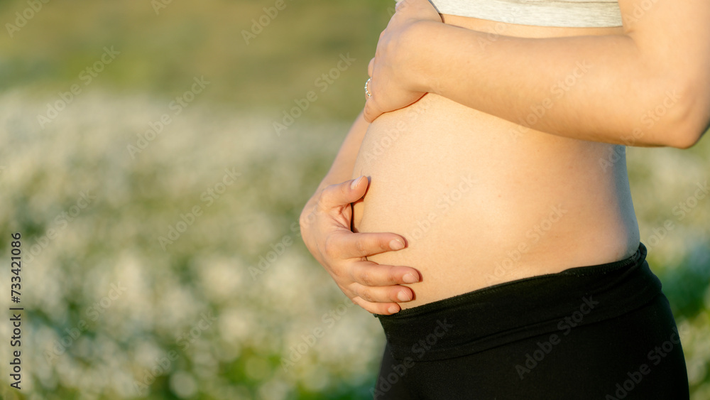 Woman pregnancy. Motherhood concept. Pregnant woman hugging belly in closeup. Defocused nature background and space for copy Woman pregnancy. Motherhood concept. Pregnant woman hugging belly in closeup. Defocused nature background and space for copy
