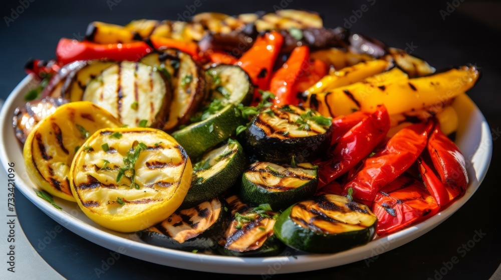 A plate of perfectly grilled vegetables with grill marks