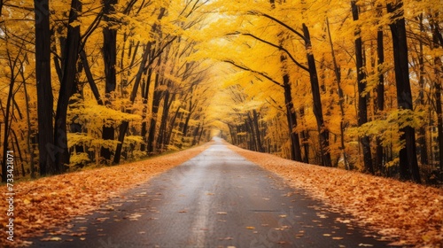 A picturesque road lined with vibrant autumn trees