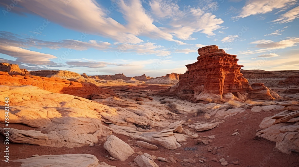 A rocky desert landscape with colorful sandstone formations