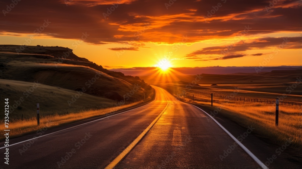 A road with a breathtaking sunrise on the horizon