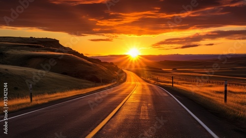 A road with a breathtaking sunrise on the horizon © Cloudyew