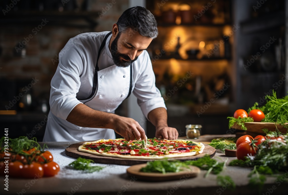 a man in a chef uniform making a pizza