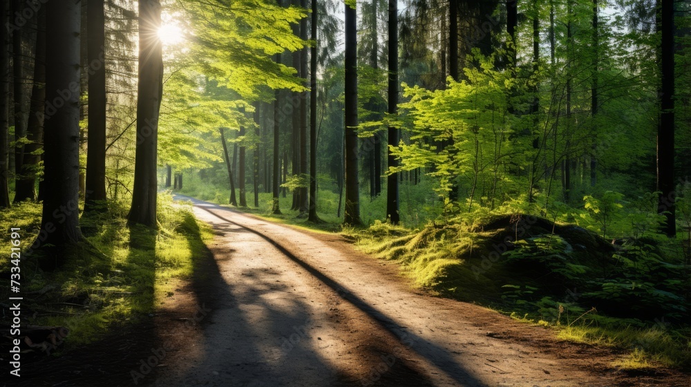 Fototapeta premium A tranquil forest path with sunlight streaming through the trees