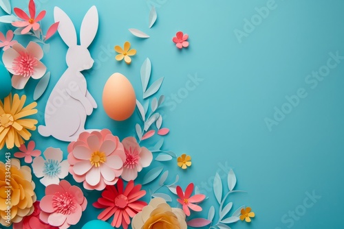 An Easter bunny and eggs cut out of colored paper with flowers. Easter celebration concept 