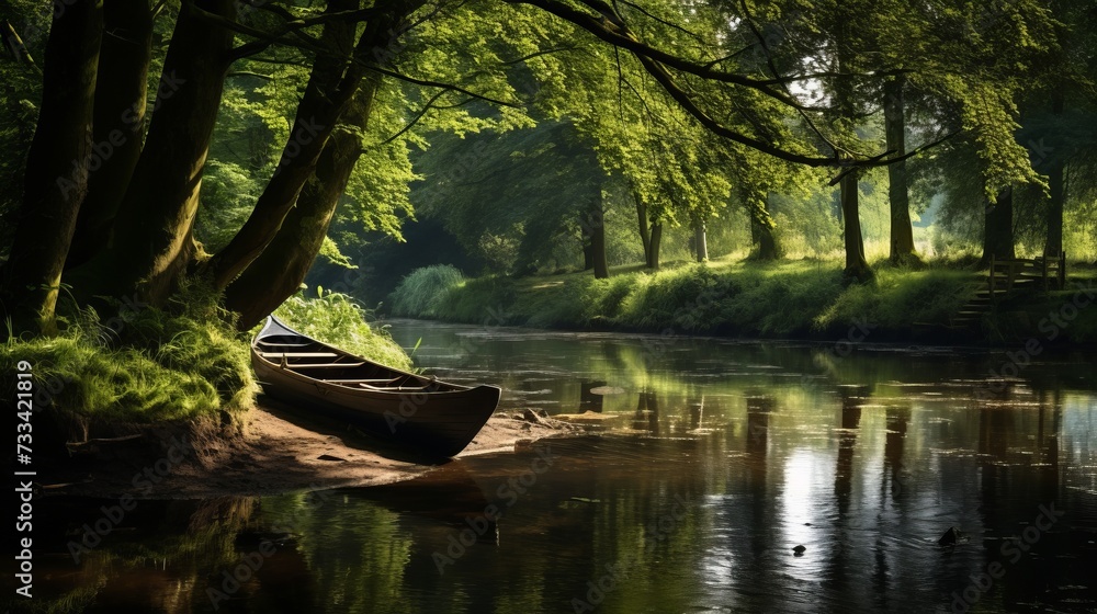 A tranquil riverbank with a fisherman's boat
