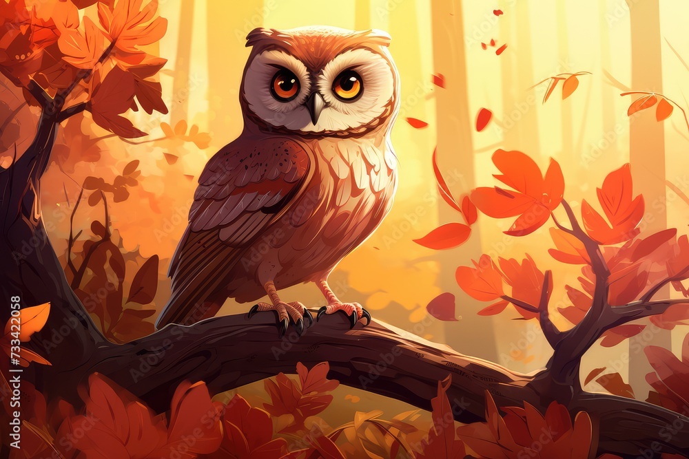 Obraz premium Wooden owl sitting on a stone in the forest at sunset.