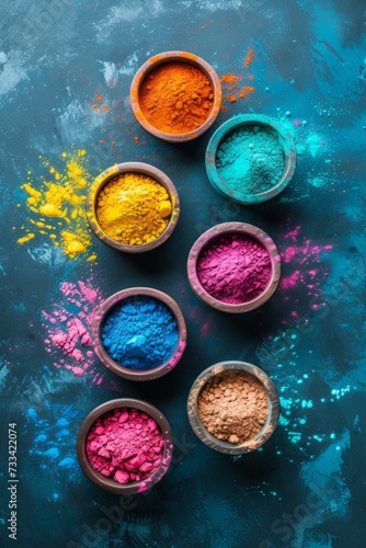 Colored scattering of multi-colored powder in a bowl on a dark background. Holi celebration concept in India 