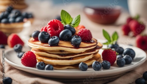 Homemade mini pancakes with blueberries strawberries and raspberries