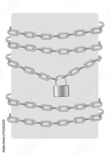 Set grey metal chain and padlock, handcuffed card. vector