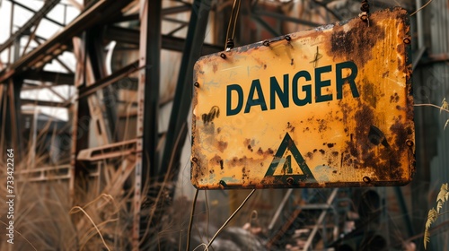 A danger warning sign on an abandoned factory in the middle of the countryside Generative AI Illustration photo