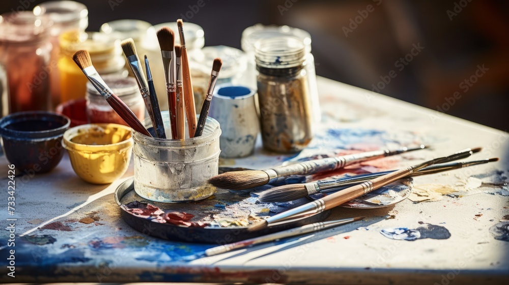 Closeup of an artist's tools and materials