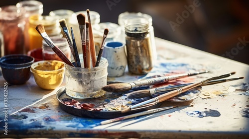 Closeup of an artist's tools and materials