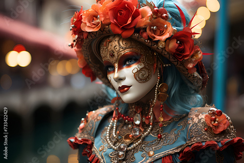 A woman wearing a Venetian mask and a carnival costume embellished with flowers © Alina