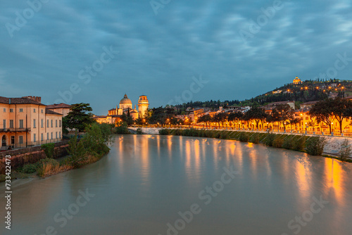 The Adige River overflows in the center of Verona after rains. Veneto, Italy, Europe.