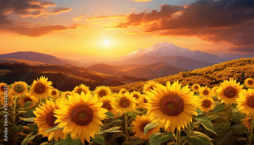 Fototapeta premium Sunflower field at sunset with mountains in the background