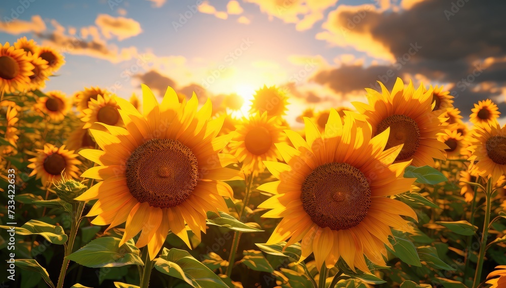 Obraz premium Sunflower field at sunset with mountains in the background