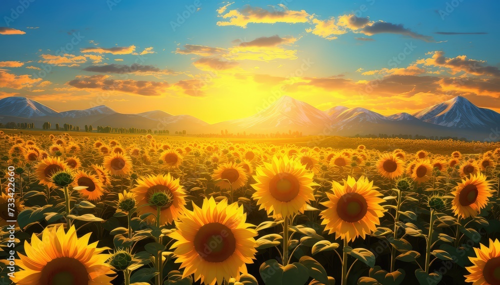 Fototapeta premium Sunflower field at sunset with mountains in the background
