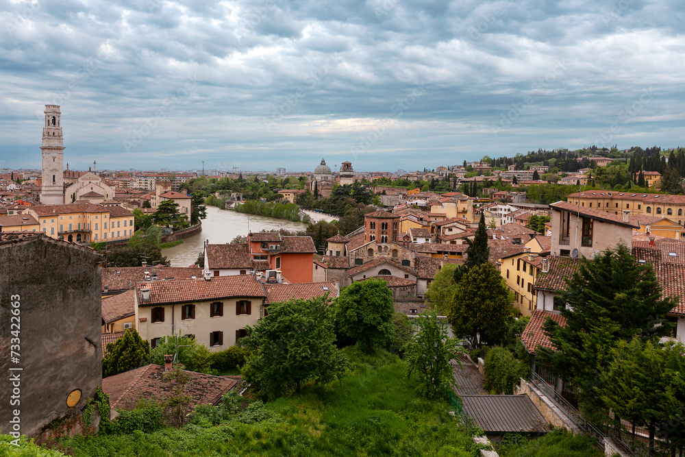 Panoramic view of Verona from the air. Veneto region in Italy.