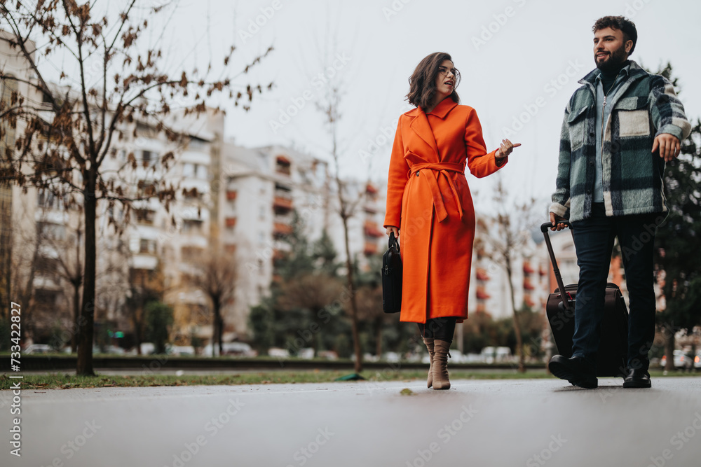 A fashionable couple strolls along an urban street carrying luggage, implying a casual city break or weekend getaway vibe.