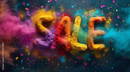 Colored inscription Sale made from multi-colored powder for the day of celebration of the holy traditional holiday of Holi in India