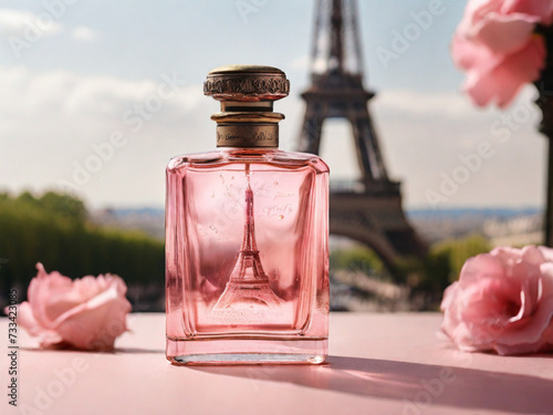 a glass bottle of perfume, in pink tones, near the Eiffel Tower