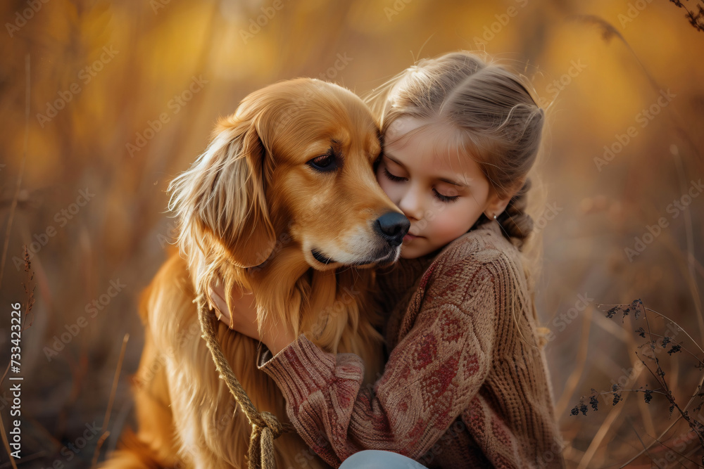 Young girl tenderly embracing her golden retriever in autumn scenery