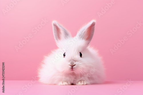 White fluffy easter bunny close up on pink background