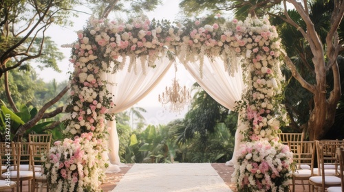 Wedding ceremony under a floral canopy