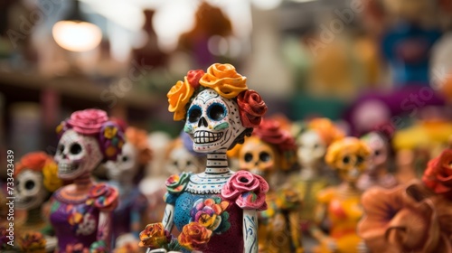 Day of the dead catrina figurine in a festive display, representing the spirit of the celebration