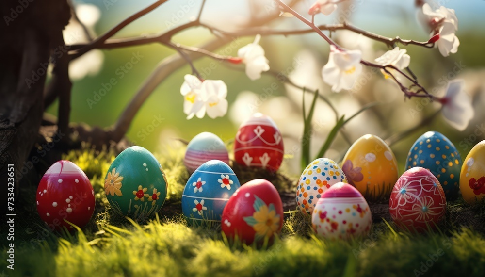 Various Golden Easter eggs with spring pattern theme and spring flowers in Green Grass background Various Golden Easter eggs with spring pattern theme and spring flowers in Green Grass background