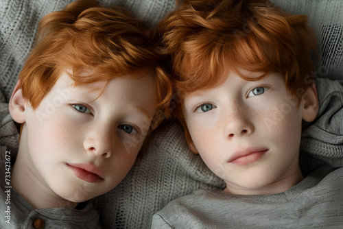 Studio fashion Portrait of Natural beauty red haired twins boys