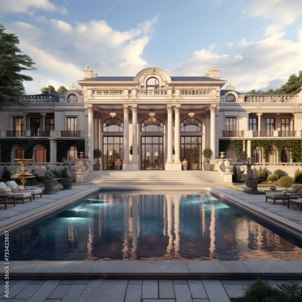 Grand Mansion With Pool in the Front. Generative AI.