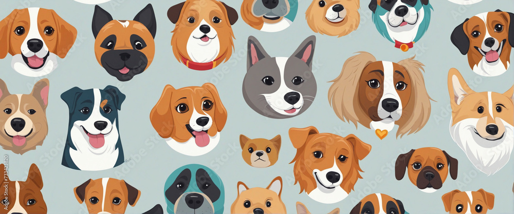 Obraz premium Funny dog animal head icon cartoon set in quirky colorful flat illustration style. Cute doggy pet face collection, diverse domestic dogs.