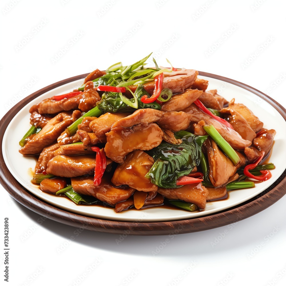 a Stir-fried chicken with ginger, studio light , isolated on white background a Stir-fried chicken with ginger, studio light , isolated on white background