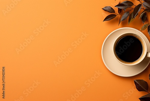 a cup of coffee on a saucer and a plant photo