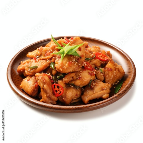 a Thai style stir fried thighs chicken with salt and chili served with chili sauce, studio light