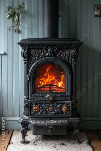 cast-iron stove in a rustic house with a fire lit inside to heat the house