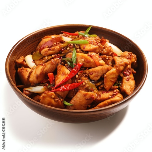 a Stir-fried chicken with ginger, studio light , isolated on white background