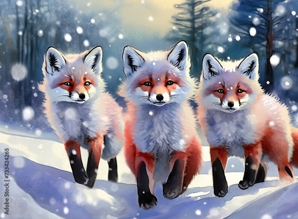 Fototapeta premium three cute polar foxes in a snowy forest on the snow. watercolor drawing